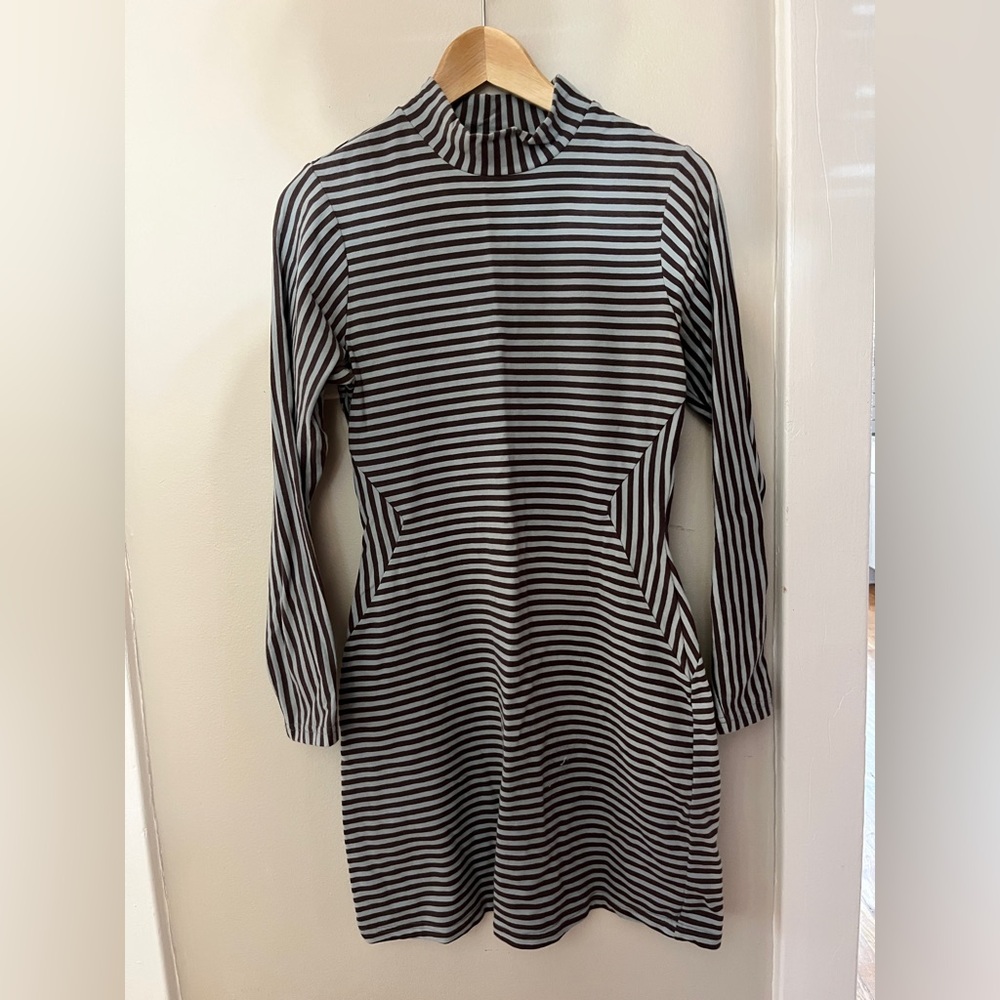 Fashion Brand Company long sleeve grey black striped mock neck mini dress